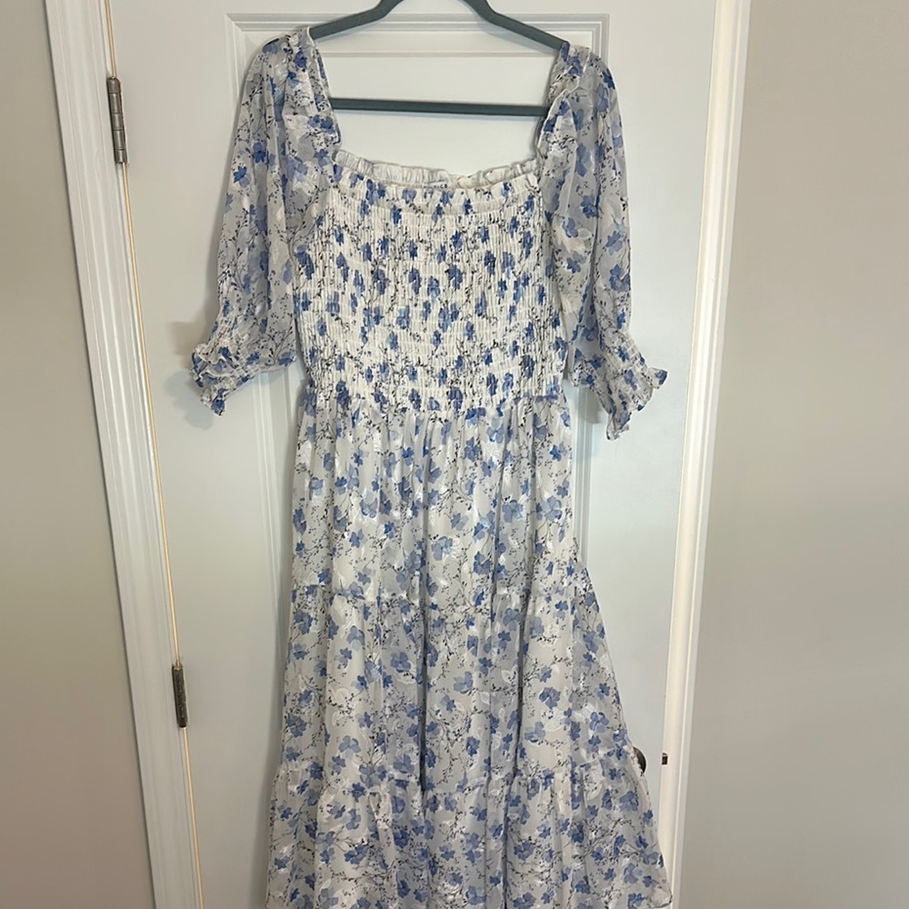 Baltic Born Blue and White Smocked Sundress with Bishop Sleeves